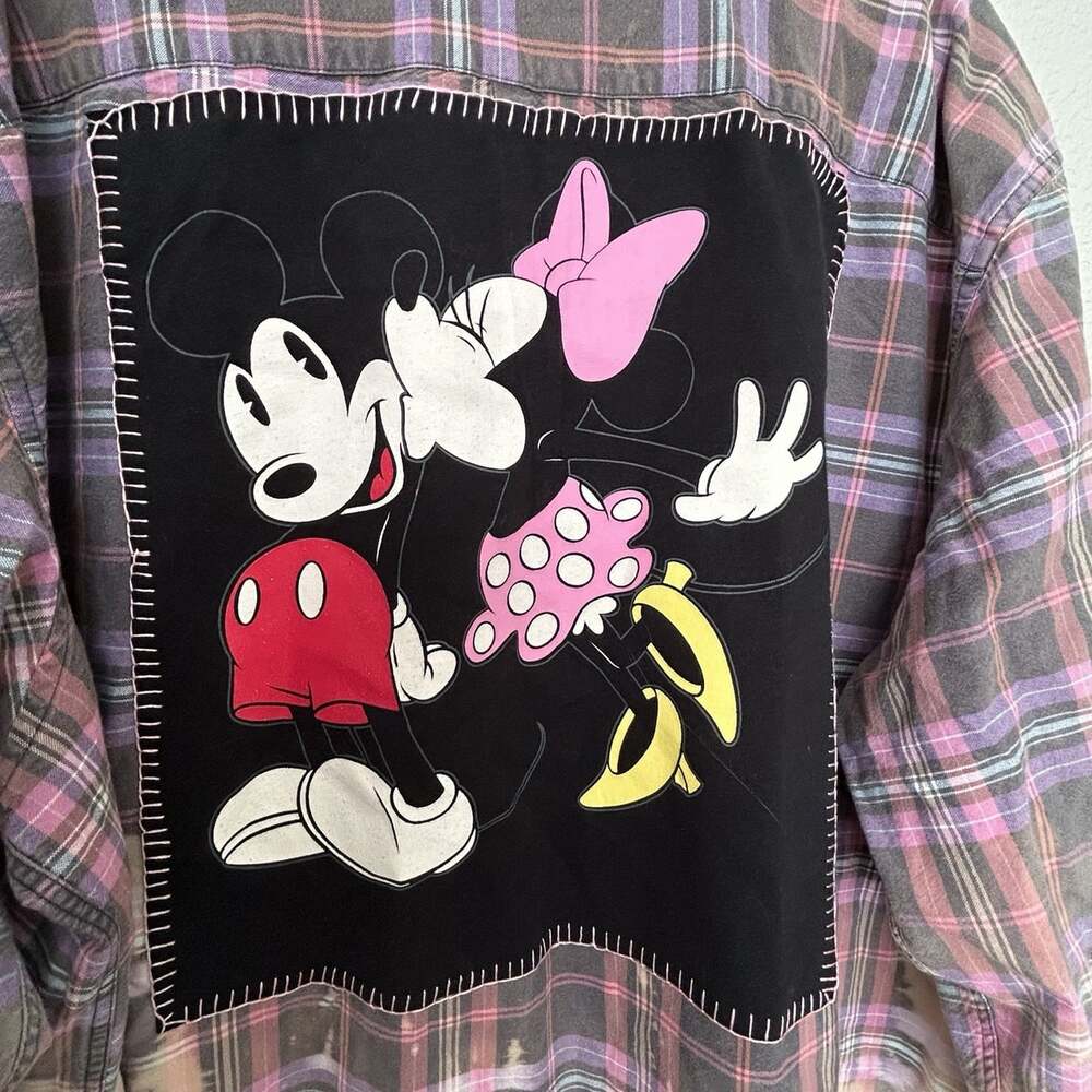 Disney Handmade Plaid Flannel Long Sleeve Button-Up Shirt Mickey & Minnie